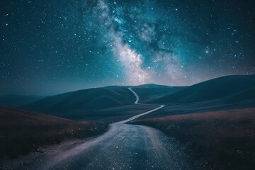 mountain road at night with starry sky and milky way