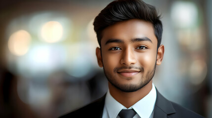 Wall Mural - A young man in a suit smiling confidently at the camera.