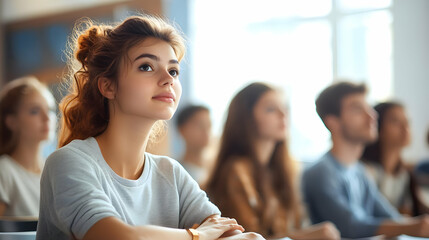 Sticker - A young woman attentively listening in a classroom setting.