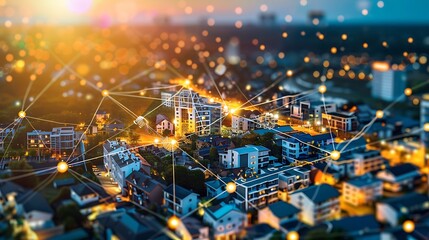 Poster - aerial view of a city at dusk, with a network of lines and dots connecting the buildings, symbolizing the interconnectedness of modern urban life.