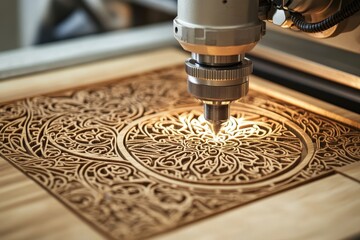 A close-up of a laser cutting machine engraving an intricate wooden pattern, showcasing craftsmanship and modern technology.