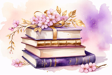 Wall Mural - stack of old books with flower