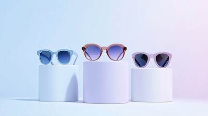 Three pairs of sunglasses in different colors, arranged on white pedestals against a blue and pink gradient background.