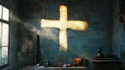 Wall Mural - image of a cross made from shadows on the wall from objects in the foreground wall.