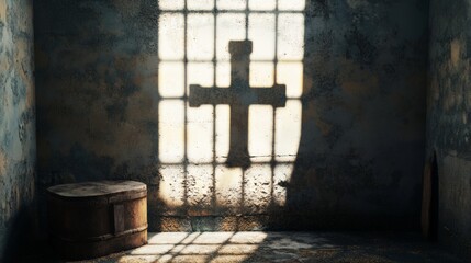 Image of a cross made from shadows on the wall from objects in the foreground Wall.