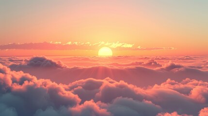 Poster - A serene sunset with a glowing orange sun just above the horizon, surrounded by soft, pastel-colored clouds and a tranquil atmosphere.