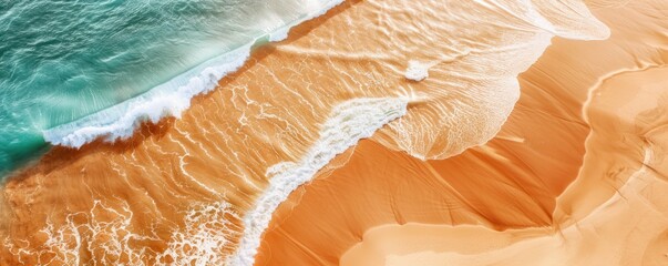 Poster - Aerial View of Turquoise Ocean Waves Crashing on a Sandy Beach