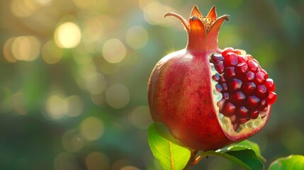 Poster - A single pomegranate split open revealing its bright red seeds, with a blurred green background