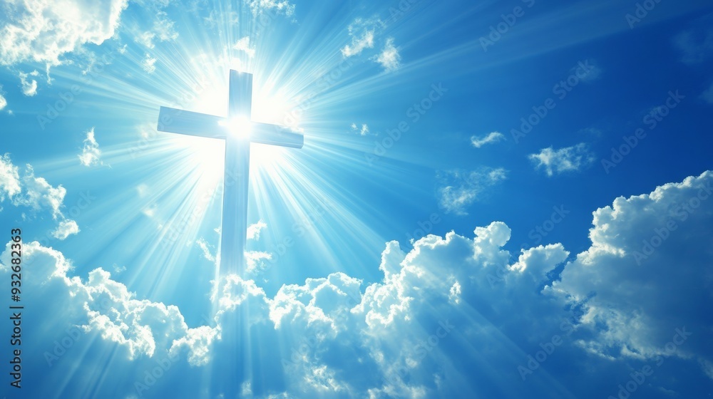 Image of a Christian cross with the rays of God on a blue sky ...