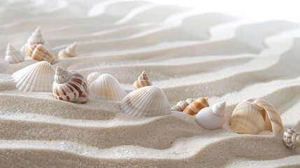 Wall Mural - A tranquil coastal setting with a diverse range of seashells positioned artistically on fine, light-colored sand, creating a calming, beach-themed background