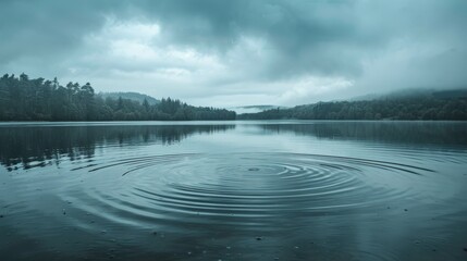 Wall Mural - A tranquil lake under a cloudy sky with rain falling gently, causing ripples on the water's surface and enhancing the calm, reflective mood.