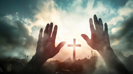 Image of Jesus' hands rising from the grave and a bright background, heaven and the cross.