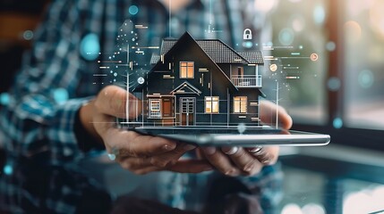 Poster - person holding a tablet with a 3D model of a smart home, showcasing modern home automation and technology.