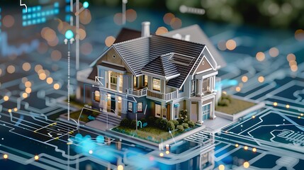 Poster - miniature house model sits on a circuit board, representing the concept of smart home technology and automation.