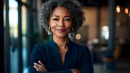 Sticker - Confident woman with curly hair in a professional setting.