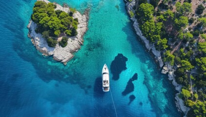 Poster - Aerial View of a Yacht Anchored in a Tranquil Lagoon Surrounded by Lush Islands