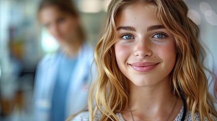 Wall Mural - tennage girl visiting doctor discussing test results concept of preventive health care for adolescents