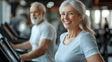 Elderly individuals exercising on treadmills in a gym setting.