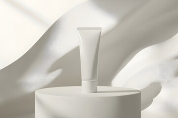 Poster - A minimalist tube stands upright on a cylindrical pedestal against a soft, light-hued background with abstract shapes and shadows