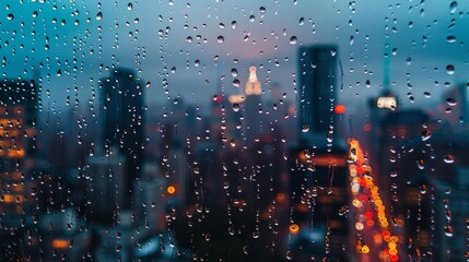 Poster - A window covered in raindrops, with the city skyline faintly visible through the glass, adding a melancholic yet peaceful touch.
