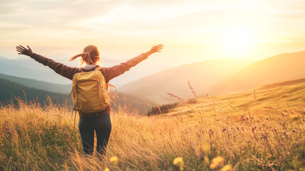 A woman is standing in a field of tall grass, with her arms outstretched