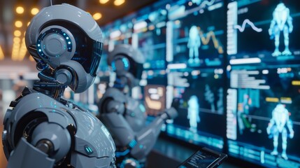 Aufkleber - AI robots analyzing data on large screens