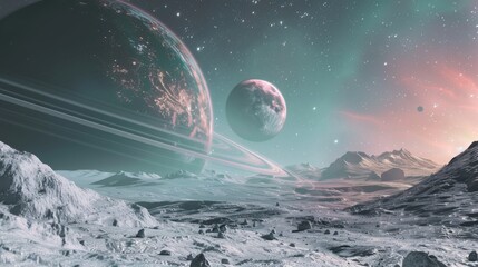 Poster - Alien planet with rings and moons in a starry sky