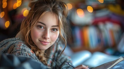 young teenage girl studying in her room