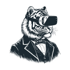 Canvas Print - Tiger use augmented reality headset and play smartphone. Vector illustration.