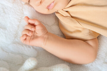 Poster - Sleeping little baby on bed, closeup