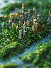 Wall Mural - A Eco city model is shown in a green landscape. The city is surrounded by trees, giving it a futuristic ecology peaceful atmosphere.