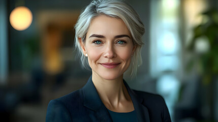 Sticker - Professional woman smiling in a modern office setting.