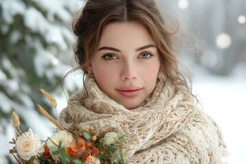 A woman with a scarf wrapped around her neck and a bouquet of flowers in her hand. She has a beautiful smile on her face