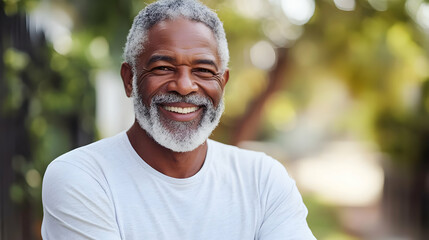 Canvas Print - Smiling elderly man in a casual setting outdoors.