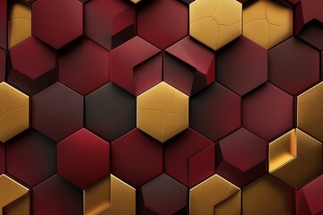Poster - 3d maroon and gold geometric background with hexagon shapes presentation design