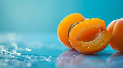 Poster - Close-up of apricot halves with a focus on the textured surface and the vibrant interior, contrasted against a clean, minimalistic backdrop