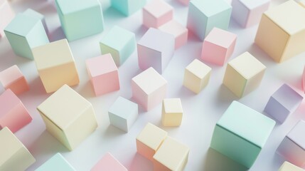 Poster - Clean, modern background with a scattering of geometric cubes in soft, muted colors and gentle gradients