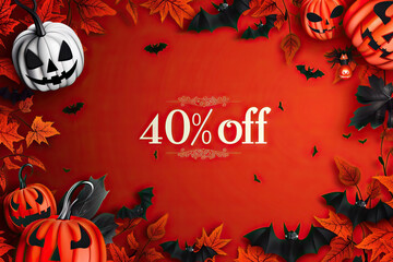 Skull and pumpkin graphic design with red accents, soccer ball, and fruit elements. Halloween-themed text art with 40% off promotion.