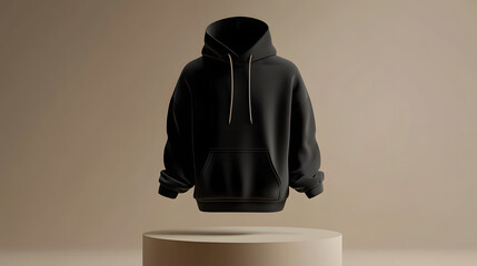 Wall Mural - mockup 3d black plain hoodie with mannequin placed on podium, isolated neutral background, 