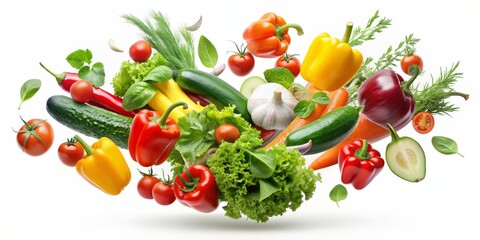  Fresh Vegetables in Mid-Air, White Background, Bell Peppers, Tomatoes, Cucumbers, Garlic, Healthy Food
