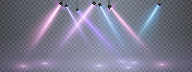 Poster - Stage lighting with LED strobe spotlights. Laser light show. Empty stage before the performance. Spotlights on a transparent background.