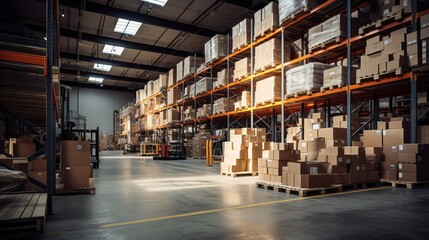 Modern Warehouse Interior with Rows of Stacked Boxes on High Shelves, Efficient Storage and Distribution Center with Industrial Lighting