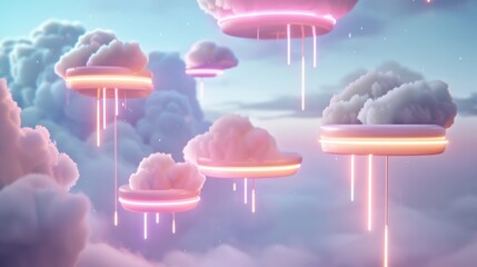 Poster - Explore surreal hybrid and multi-cloud environments with floating cloud platforms interconnected by glowing pathways in the sky.