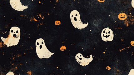 Wall Mural - Abstract wallpaper with tiny jack-o-lanterns and ghosts in a whimsical design on a dark background