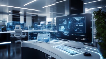 Poster - Futuristic office interior with glowing computer screens and modern furniture.