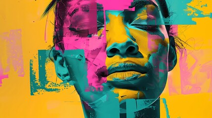 Wall Mural - A bold abstract portrait with geometric shapes and bright color contrasts, illustrating a face in fragmented sections of yellow, pink, and teal, creating a modern and edgy look. 8k UHD, suitable 