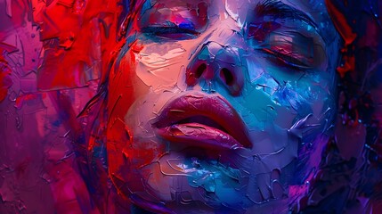 Wall Mural - A vibrant abstract portrait with layered textures and vivid colors, depicting a woman's face in a combination of reds, purples, and blues, giving a sense of depth and intensity. 8k UHD, suitable 