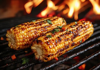 grilled corn on the cob over open fire - perfectly charred with golden kernels