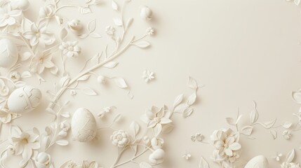 Wall Mural - Delicate Easter card background with a subtle floral pattern intertwined with Easter motifs like bunnies and eggs on a soft, ivory backdrop