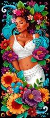 Wall Mural - A woman is depicted in a colorful floral pattern. The woman is wearing a white dress and is laying down. The flowers are in various colors and are scattered throughout the image